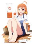  1girl ahoge arm_support arms_up bangs barefoot blush bow braid breasts feet feet_together food fruit hair_bow hair_ornament highres holding holding_fruit love_live! love_live!_sunshine!! one_eye_closed open_mouth orange_(fruit) orange_hair overalls red_eyes shiokazunoko short_hair sitting solo takami_chika teeth toes translation_request v yellow_bow 