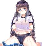  1girl akemi_homura alternate_breast_size black_hair black_hairband blush braid breasts buruma glasses gorua_(youce01) gym_uniform hairband hose kneehighs large_breasts long_hair mahou_shoujo_madoka_magica no_bra red-framed_eyewear see-through semi-rimless_glasses shirt short_sleeves simple_background sitting solo thighs twin_braids under-rim_glasses wariza water wet wet_clothes wet_hair wet_shirt white_background white_legwear 