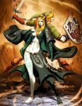  1boy 1girl back-to-back barefoot blonde_hair blue_eyes front_ponytail genzoman hood link long_hair master_sword midna midna_(true) orange_hair pointy_ears revision shield slender spoilers sword the_legend_of_zelda the_legend_of_zelda:_twilight_princess weapon 
