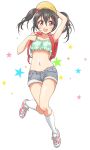  1girl backpack bag black_hair full_body hat highres love_live! love_live!_school_idol_project midriff navel peaked_cap red_eyes short_hair short_shorts shorts solo star tetopetesone twintails white_background yazawa_nico 