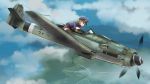  1girl aircraft airplane blonde_hair blue_eyes clouds dated flying fw_190 goggles goggles_on_head goggles_on_headwear hat highres leaning_forward military military_uniform original peaked_cap short_hair signature sky solo thigh-highs tokihama_jirou uniform world_war_ii zettai_ryouiki 