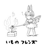  1girl animal_ears boots dress elbow_gloves fire gloves highres kemono_friends mold molten_metal monochrome nazotyu pouring pun serval_(kemono_friends) serval_ears serval_tail tail thigh-highs thigh_boots translated welding_mask 