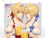  2017 2girls ahoge alcohol animal animal_on_head asymmetrical_docking bare_shoulders beer beer_mug bird blonde_hair blouse bodice breast_press breasts chick cleavage confetti cup dirndl drinking_glass dual_persona face-to-face fate/extra fate/stay_night fate_(series) german_clothes green_eyes grey_background hair_bun hair_ribbon happy_new_year heart highres holding holding_drinking_glass looking_at_viewer matching_outfit medium_breasts mizu_(dl7613) multiple_girls new_year off_shoulder on_head revision ribbon saber saber_extra short_hair short_sleeves smile spoken_heart typo underbust upper_body white_blouse 