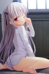  1girl ;o absolute_duo albino ass barefoot bottomless dress_shirt feet grey_hair highres indoors long_hair long_sleeves one_eye_closed panties pink_eyes purple_panties shirt side-tie_panties sidelocks sitting soles toes two_side_up underwear wainscoting wariza white_panties window yurie_sigtuna yuzu_modoki 