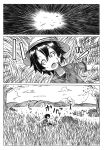  backpack bag bucket_hat bush clouds comic explosion gloves grass greyscale hat hat_feather hat_removed headwear_removed highres kaban kemono_friends lying monochrome mountain on_back on_ground open_mouth outstretched_arms pantyhose_under_shorts rock shino_(ponjiyuusu) shirt short_hair short_sleeves shorts sitting sky solo spread_arms t-shirt translation_request tree wide-eyed 
