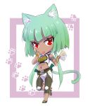  1girl animal_ears cat_ears cat_tail chibi commentary_request emerald_sustrai finger_to_eye green_eyes iesupa money navel red_eyes rwby solo tail tongue tongue_out 