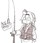  1girl alternate_costume braid closed_eyes commentary fish fish_hair_ornament fishing_rod french_braid hair_between_eyes hair_ornament hairband kantai_collection long_hair long_sleeves monochrome simple_background smile solo takatsuki_nato vest warspite_(kantai_collection) white_background 