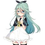  1girl alternate_costume arm_behind_back black_legwear blue_eyes blush bow bowtie cowboy_shot dress green_hair hair_ribbon hand_on_own_chest kantai_collection long_hair looking_at_viewer ribbon sailor_collar simple_background solo thigh-highs touko_(toukoneko) very_long_hair white_background white_dress yamakaze_(kantai_collection) zettai_ryouiki 