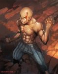 1boy abs bald blood blood_on_face clenched_hand copyright_name full_body grin hand_up highres looking_at_viewer male_focus manly muscle nipples one-punch_man orange_eyes outdoors pants saitama_(one-punch_man) satoshi1923 smile solo striped striped_pants topless veins 