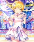  1girl blonde_hair blush bubble clock clock_necklace decorations dress flower glitter gloves green_eyes headband idolmaster idolmaster_cinderella_girls jewelry microphone miyamoto_frederica necklace official_art one_eye_closed polka_dot ribbon rose star themed_object white_dress white_gloves 