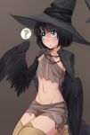   1girl ? bangs black_hair black_wings blue_eyes blunt_bangs brown_background cape collarbone confused dark_souls_iii feathered_wings groin harpy hat highres iwbitu-sa looking_up midriff monster_girl navel personification petite pickle_pee_pump-a-rum_crow rags scales short_hair simple_background solo souls_(from_software) spoken_question_mark winged_arms wings witch_hat 