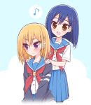  2girls :d :s aqua_background blonde_hair blue_hair blush brown_eyes cardigan commentary_request flip_flappers hair_down hair_ornament hairclip hands_on_another&#039;s_shoulders kokomine_cocona matching_hairstyle multiple_girls musical_note neckerchief open_cardigan open_clothes open_mouth pleated_skirt quaver red_neckerchief school_uniform serafuku short_hair skirt smile sou_(mgn) spoken_musical_note violet_eyes yayaka yuri 