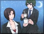  2girls aoyanagi_risa brown_eyes coffee_mug crescent_moon dated earrings green_hair heart highres jewelry kiraki mole mole_under_eye moon multiple_girls necktie psycho-pass shisui_mizue short_hair twitter_username yuri 