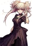  1girl aoki_hagane_no_arpeggio arm_up bangs black_dress blonde_hair blunt_bangs breasts choker dress htm_(gixig) kongou_(aoki_hagane_no_arpeggio) lipstick long_hair looking_at_viewer makeup medium_breasts red_eyes short_sleeves simple_background solo twintails two_side_up white_background 