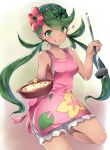  1girl :q apron cowboy_shot dark_skin flower green_eyes green_hair hair_flower hair_ornament heart ladle leaf_print leg_up licking_lips looking_at_viewer mallow_(pokemon) pink_apron pokemon pokemon_(game) pokemon_sm smile solo tongue tongue_out twintails xe-cox 
