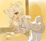  1girl :d alpaca_ears alpaca_suri alpaca_tail animal_ears bangs beige_shorts beige_vest bent_over blonde_hair blue_eyes blush breast_pocket cafe collar cup eyebrows from_side fur-trimmed_sleeves fur_collar fur_trim hair_bun hair_ornament hair_over_one_eye hair_ribbon horizontal_pupils indoors kemono_friends kylin long_sleeves looking_at_viewer motion_lines neck_ribbon open_hands open_mouth pantyhose pocket red_ribbon ribbon saucer shirt shorts sidelocks smile solo swept_bangs table tail tail_wagging tea teacup teeth thick_eyebrows tress_ribbon upper_teeth vest white_legwear white_shirt wooden_table 