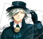  1boy edmond_dantes_(fate/grand_order) fate/grand_order fate_(series) fedora gloves hair_over_one_eye hat kana looking_at_viewer male_focus short_hair simple_background smile smoke solo wavy_hair white_background white_hair yellow_eyes 