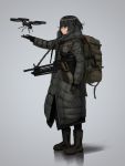  1girl ammunition_belt backpack bag black_eyes boots bullet coat commentary drone glasses gloves grey_background gun hettsuaa highres hood machine_gun original outstretched_hand over-rim_glasses scope semi-rimless_glasses shadow short_hair sling solo weapon winter_clothes winter_coat 