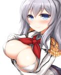  1girl blue_eyes blush breast_hold breasts cleavage don_(29219) epaulettes gloves kantai_collection kashima_(kantai_collection) large_breasts long_hair long_sleeves looking_at_viewer neckerchief open_clothes open_shirt shirt silver_hair simple_background smile solo string_bikini upper_body white_background white_bikini_top 