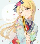  1girl angelic_angel ayase_eli bangs blush bow chinese_clothes fan green_eyes hair_bow hair_ornament long_hair love_live! love_live!_school_idol_project lyc13 one_eye_closed smile solo 