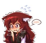  1girl @_@ animal_ears blush commentary dress embarrassed flying_sweatdrops imaizumi_kagerou long_sleeves red_eyes redhead revision simple_background solo spoken_blush touhou trembling white_background wolf_ears wool_(miwol) 