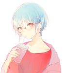  1boy androgynous bangs blue_hair closed_mouth cup drinking drinking_straw eyebrows_visible_through_hair holding holding_cup jacket looking_at_viewer lpip male_focus open_clothes open_jacket original red-framed_eyewear red_eyes red_shirt shirt sidelocks simple_background solo upper_body white_background 