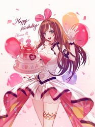  :d a.i._channel armlet balloon bangs bare_shoulders birthday birthday_cake black_bow bow breasts cake cheule_(classic_t) cleavage dress food green_eyes hairband hand_up happy_birthday highres holding_cake jewelry kizuna_ai lace legband medium_breasts multicolored_hair open_mouth pink_bow pink_hairband pink_ribbon ribbon shirt sleeveless sleeveless_dress sleeveless_shirt smile streaked_hair swept_bangs thigh_strap two-tone_hair virtual_youtuber white_dress 