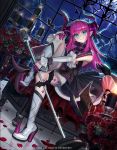  1girl bat blood blue_eyes candle corset dragon_girl dragon_tail fang fate/extra fate/extra_ccc fate_(series) flower honnou_(kjs9504) horns lancer_(fate/extra_ccc) lightning long_hair looking_at_viewer microphone microphone_stand pink_hair pointy_ears rose smile solo tail thighs 