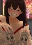  1girl akagi_(kantai_collection) alcohol beer beer_can blush brown_hair can closed_eyes cross-counter_(screw_upper) fireworks highres holding holding_can japanese_clothes kantai_collection long_hair off_shoulder smile solo 