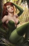  1girl artist_name batman_(series) blurry breasts cleavage dc_comics depth_of_field elbow_gloves gloves green_eyes green_gloves hand_in_hair hand_on_own_ass highres large_breasts pink_lips poison_ivy redhead sam_delatore signature sitting solo tree 