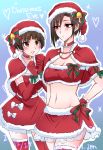  2girls :3 :d aoyanagi_risa armband bangs blush breasts brown_eyes brown_hair cleavage dated elbow_gloves fur_trim gloves hand_on_hip hat heart highres kiraki midriff mole mole_under_eye multiple_girls navel open_mouth psycho-pass red_gloves red_legwear santa_costume santa_hat shawl short_hair smile thigh-highs tsunemori_akane twitter_username zettai_ryouiki 