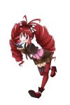  1girl :q antenna_hair blush_stickers boots bow claw_(weapon) claws drill_hair hair_bow high_heel_boots high_heels highres kiraki long_hair long_sleeves micha_jawkan red_shoes redhead senki_zesshou_symphogear sharp_teeth shoes shorts simple_background smile solo teeth tongue tongue_out twin_drills weapon white_background 