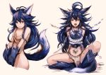  1girl ahoge animal_ears beige_background blue_hair bound bound_wrists chains fenrir_(shingeki_no_bahamut) granblue_fantasy hair_between_eyes multiple_views open_mouth paws red_eyes revealing_clothes shingeki_no_bahamut simple_background sitting sketch spread_legs sukemyon tail teeth thighs upper_body wolf_ears wolf_paws wolf_tail 