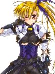  1girl armor blonde_hair bodysuit breasts broken_armor clenched_hand cowboy_shot dasuto gloves hair_ribbon large_breasts light_blush long_hair looking_at_viewer lyrical_nanoha mahou_shoujo_lyrical_nanoha_vivid older red_eyes ribbon side_ponytail simple_background smirk solo torn_bodysuit torn_clothes torn_gloves torn_jacket under_boob very_long_hair vivio white_background 