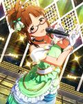  akizuki_ritsuko brown_hair dress glasses gloves green_dress idolmaster idolmaster_million_live! jewelry looking_at_viewer microphone necklace official_art sleeveless stage white_gloves 
