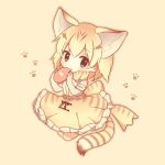  1girl :o animal_ears bare_shoulders black_ribbon blonde_hair blush bow bowtie brown_eyes cat_ears cat_tail chibi elbow_gloves eyebrows_visible_through_hair eyelashes food frilled_skirt frills full_body gloves holding holding_food japari_bun japari_symbol kemono_friends konno_(pixiv_23416142) looking_at_viewer multicolored_hair no_nose open_mouth outline paw_print pink_background ribbon sand_cat_(kemono_friends) shirt short_hair simple_background skirt sleeveless sleeveless_shirt solo streaked_hair striped_tail tail triangle_mouth white_shirt 
