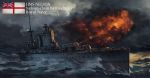  abe_yasushi_(umizoi_tibet) anchor battleship firing hms_nelson military military_vehicle no_humans ocean royal_navy ship smokestack turret warship watercraft waves white_ensign 