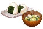  artist_request bowl commentary_request food miso_soup no_humans nori_(seaweed) onigiri original plate rice simple_background spring_onion steam tofu wakame_(seaweed) white_background 