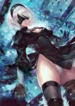  1girl blindfold boots breasts cleavage cleavage_cutout feather-trimmed_sleeves gloves hairband highres leotard nier_(series) nier_automata silver_hair solo terai_(teraimorimori) thigh-highs thigh_boots yorha_no._2_type_b 