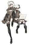  1boy 1girl black_boots black_dress black_hairband blindfold boots commentary_request computer covered_eyes dress hairband juliet_sleeves laptop long_sleeves mole mole_under_mouth nier_(series) nier_automata puffy_sleeves short_hair silver_hair starshadowmagician yorha_no._2_type_b yorha_no._9_type_s 