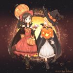  2girls ^_^ alternate_costume basket black_gloves blonde_hair blush boots bow braid brown_eyes brown_hair bubble_skirt cape closed_eyes collaboration commentary_request dated detached_sleeves dress full_body gloves gradient gradient_background grin hair_bow hair_ornament hair_ribbon hajin hakurei_reimu halloween halloween_costume happy happy_halloween hat hat_ribbon highres jack-o&#039;-lantern kirisame_marisa long_hair long_sleeves looking_at_another mary_janes minust multiple_girls ponytail profile ribbon sash shoes side_braid single_braid skirt smile star strapless strapless_dress text touhou wavy_hair witch_hat yin_yang 
