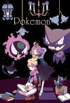  1boy 1girl acerola_(pokemon) armlet blonde_hair book chandelier dress elite_four gastly gym_leader hair_ornament half_updo haunter headband highres lampent litwick long_sleeves matsuba_(pokemon) mimikyu multicolored multicolored_clothes multicolored_dress nagatsukiariake one_eye_closed open_book open_mouth pants pokemon pokemon_(creature) pokemon_(game) pokemon_hgss pokemon_sm purple_hair purple_scarf sableye sandals scarf short_hair sitting trial_captain white_pants 