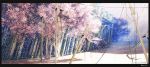  border cherry_blossoms gate highres nature no_humans original petals power_lines scenery signature spring telephone_pole tree twitter_username waisshu_(sougyokyuu) 