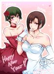  2015 aoyanagi_risa bare_shoulders blush character_name choker dated dress elbow_gloves gloves happy_new_year heart highres kiraki lips looking_at_viewer mismatched_gloves new_year one_eye_closed psycho-pass red_dress shisui_mizue twitter_username wedding_dress white_dress white_gloves yuri 