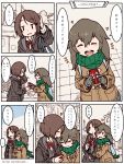  ... 2girls bag blush bow box brown_hair closed_eyes coat comic english flying_sweatdrops gift gift_box gloves green_scarf grey_gloves heart long_hair m_k multiple_girls original pink_bow pink_ribbon ribbon scarf short_hair smile spoken_ellipsis striped striped_gloves sweat to_be_continued translation_request yuri 