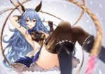  &gt;:o 1girl :o animal_ears arm_up armpits ass bangs black_boots black_gloves black_legwear blue_hair blush boots breasts brown_eyes erun_(granblue_fantasy) eyebrows_visible_through_hair ferry_(granblue_fantasy) gloves granblue_fantasy hair_between_eyes hand_up holding holding_weapon holding_whip knee_boots knees_together_feet_apart kurifuto long_hair looking_at_viewer medium_breasts open_mouth sideboob solo thigh-highs thighs wavy_hair weapon whip 