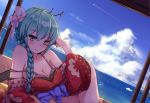  1girl aqua_eyes aqua_hair arm_support bangs blue_sky blush bra braid breasts cleavage clouds condensation_trail dutch_angle grey_bra hair_ornament hair_over_shoulder hair_stick hand_on_own_head hatsune_miku horizon japanese_clothes kimono legs_together looking_at_viewer lying medium_breasts naughty_face ocean off_shoulder on_side red_kimono sash signature single_braid sky smile solo strap_slip underwear vocaloid water zhayin-san 