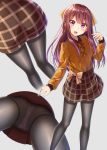  1girl alternate_costume black_legwear bow brown_hair brown_skirt crotch_seam from_below gurande_(g-size) hair_bow highres kamikaze_(kantai_collection) kantai_collection long_hair multiple_views open_mouth panties panties_under_pantyhose pantyhose pantyshot red_eyes skirt solo standing thighband_pantyhose underwear upskirt yellow_bow 