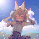  1girl adjusting_clothes adjusting_hat animal_ears armpits bare_shoulders belt blush bow bowtie cat_ears closed_eyes clouds cloudy_sky cross-laced_clothes day elbow_gloves eyebrows_visible_through_hair eyelashes facing_viewer fang flat_chest gloves grin hair_between_eyes hands_up hat hat_feather kemono_friends kyouno mountain orange_hair outdoors sandstar serval_(kemono_friends) serval_ears serval_print shirt short_hair skirt sky sleeveless sleeveless_shirt smile solo teeth upper_body white_hat white_shirt 