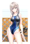  1girl absurdres bangs bicycle black_swimsuit blue_eyes blurry blurry_background breasts competition_swimsuit contrapposto cowboy_shot girls_und_panzer ground_vehicle highres itsumi_erika light_smile looking_at_viewer medium_breasts medium_hair multicolored_clothes multicolored_swimsuit one-piece_swimsuit silver_hair solo standing striped striped_swimsuit swimsuit takafumi 